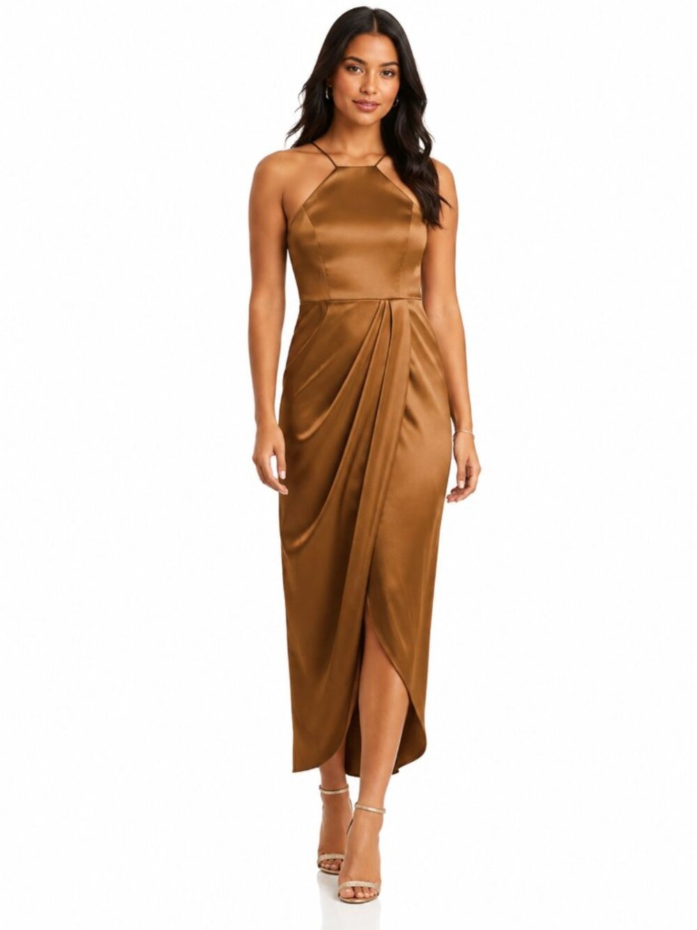 NWT After Six 6829 Toffee Halter Tulip Midi Dress Size 4